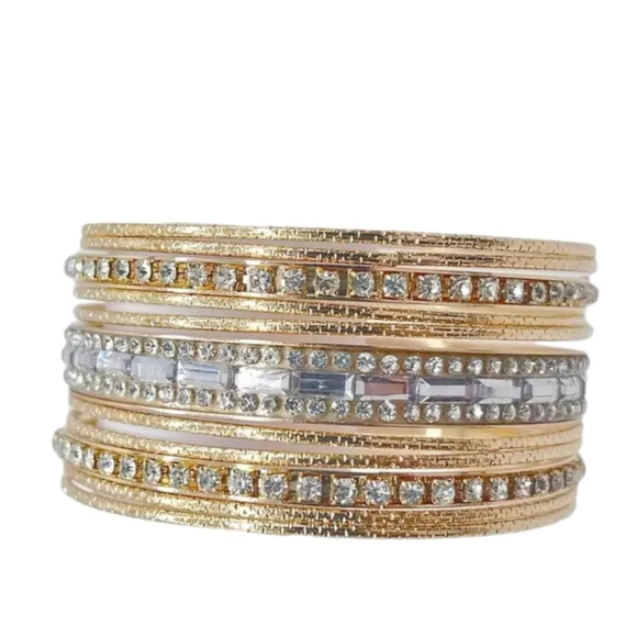 11PCS/SET SIMULATED RHINETONES 14K GOLD PLATED GYPSY BANGLE GLAM RETRO - Picture 2 of 2